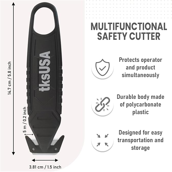 Safety Box Cutter. tksUSA here, your Cutter Stainless, Steel Package Opener. Pack Safety Knife Package Box Opener with Ergonomic Film Cutting Blade for Box, Carton, Shrink Wrap, Plastic Straps