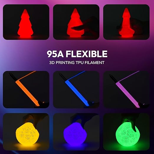 AMOLEN 95A TPU Glow in The Dark Filament Bundle, Red, Orange, Blue Purple, Green 1.75mm Soft Flexible TPU 3D Printer Filament, Best with UV Lamp, 200g x 4 Pack, Luminous Filament for Halloween