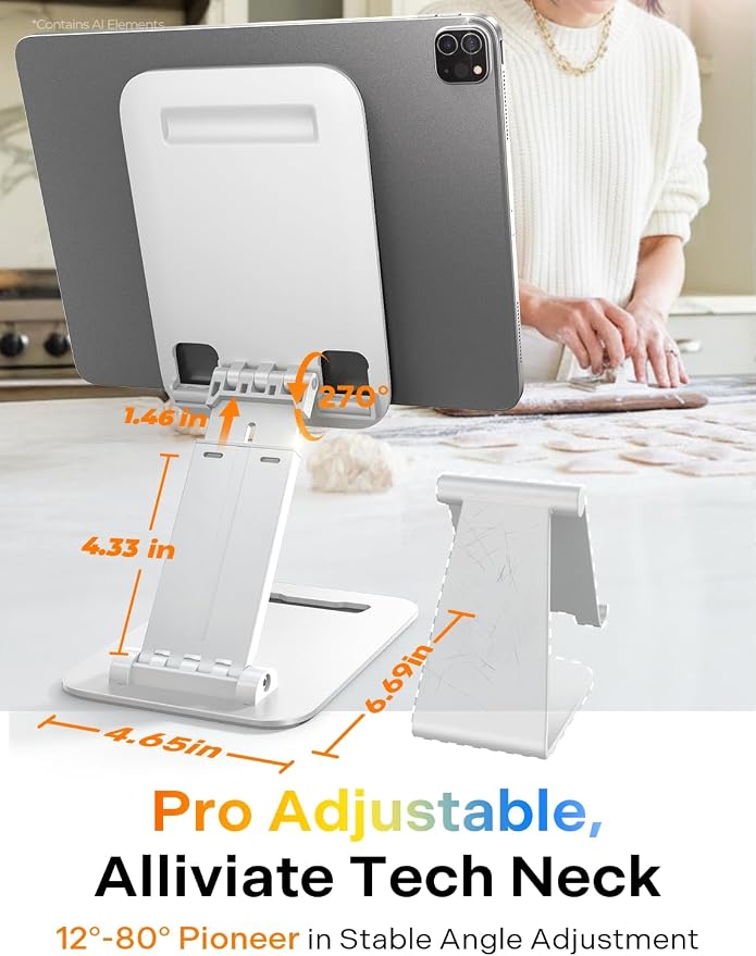 LISEN for iPad Stand Adjustable Tablet Holder Desk, iPad Accessories White | Foldable Home Office Desk Accessories Travel for iPad Holder Dorm College Essentials Fits Ebooks Kindle 4-15.9"