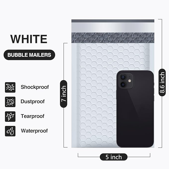 UCGOU Bubble Mailers 5x8.6 Inch Usable Size 5x7 Inch White 100 Pack Padded Envelopes Small Business Mailing Packages Self Seal Adhesive Waterproof Boutique Shipping Bags for Jewelry Makeup Supplies