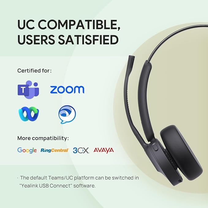Yealink BH70 Mono Teams Wireless Headset with Mic for Work, Microsoft Teams Certified Bluetooth Headphone for 35h Calling, 91g All-Day Wearing Comfort, Perfect for Open Office, USB-C/A