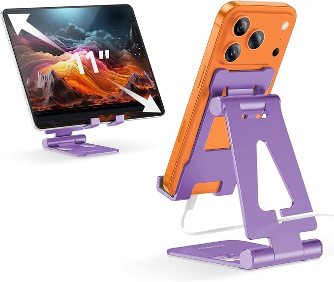 Aoviho Foldable Cell Phone Stand for Desk, Holder for iPhone,Purple | Folds Flat for Easy Storage, Hands-Free Viewing, Fits iPhone 17/16/15 Series & Samsung Galaxy, Ideal for Office & Home