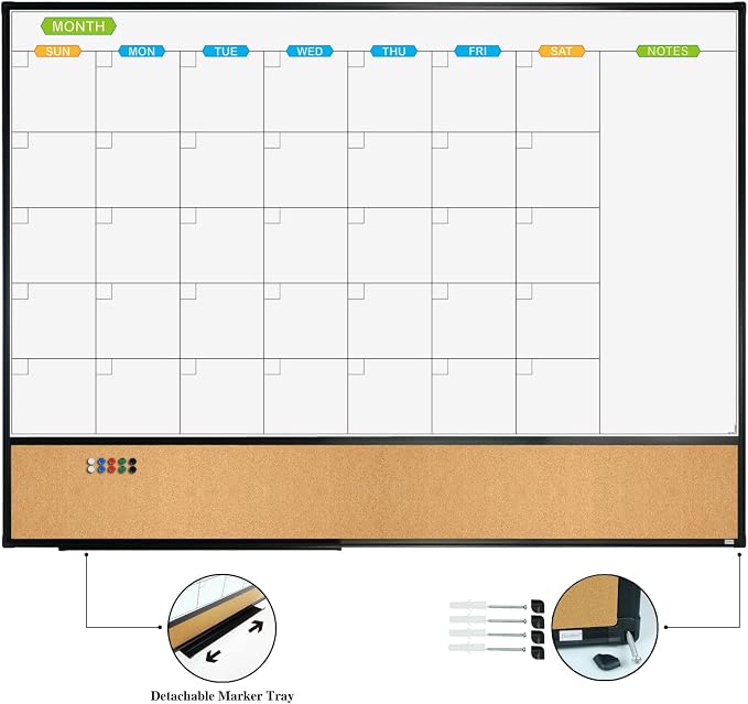 Magnetic Calendar Whiteboard & Bulletin Corkboard Combination, Combo Board 48 x 36 Inch, Black Aluminum Frame Wall Mounted Board for Office Home and School with 10 Push Pins
