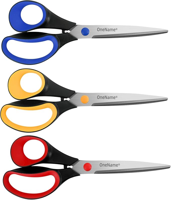OneName 8" Heavy Duty Scissors All Purpose for Office School Crafts,Black | 3 Pack,Ergonomic Comfort Grip,Ultra Sharp Pointed Tip,Left & Right Handed,Cutting Paper Fabric Packaging,for home