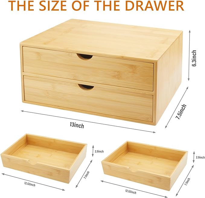 Bamboo Desk Organizer With Drawers Countertop Drawers Counter Storage Box Corner Desk Organizer for Home Office No Assembly Required (2 Drawers)