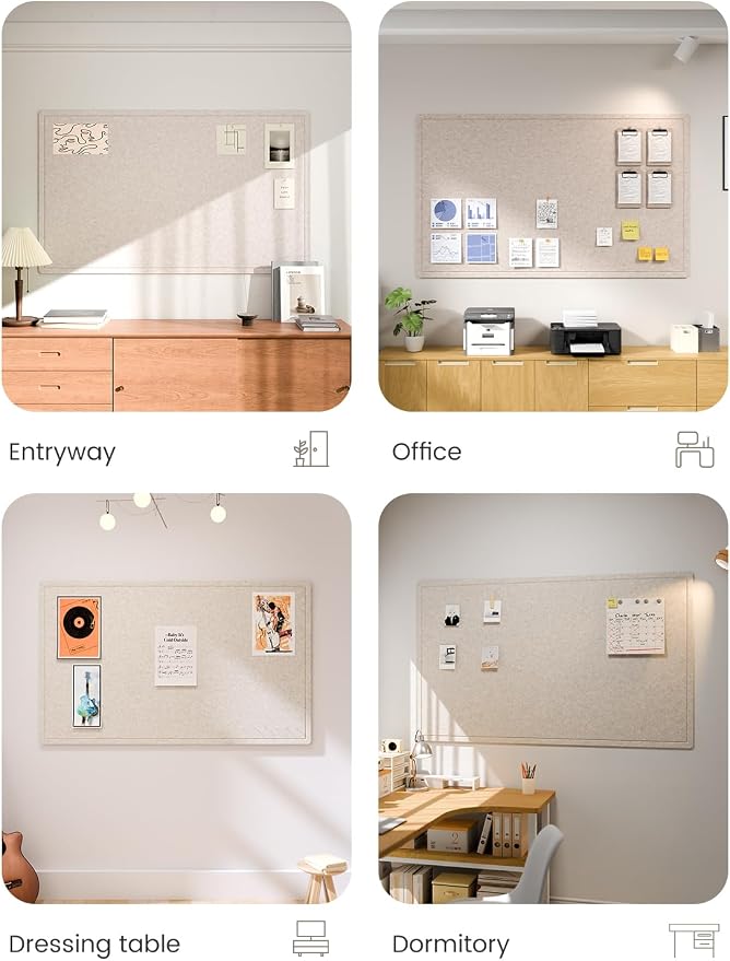 Fluxynara 59" x 35.4" Large Bulletin Board, Oatmeal | Cork Board Alternative with 24 Removable Adhesive Tabs, Foldable Felt Pin Board for Home, Office, Classroom & Dorm
