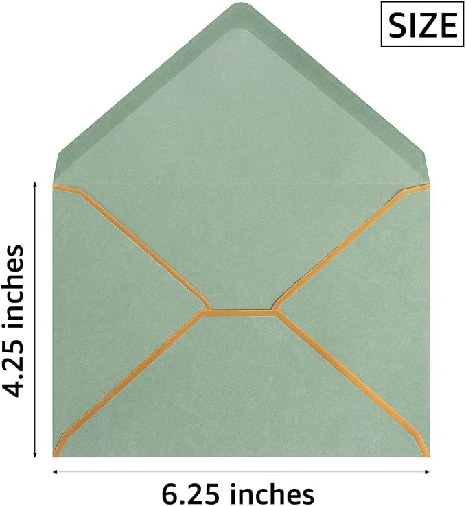 50 Pack A4 Envelopes Sage Green 4x6 with Gold Border, 4.25x6.25 | Self-Adhesive, V Flap, For Wedding, Graduation, Baby Shower, Parties, Invitations