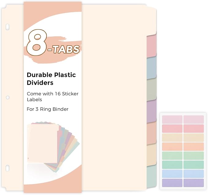 SKYDUE 8 Tab Write & Erase Durable Plastic Dividers for 3 Ring Binders | Letter Size Binder Dividers with Sticker Labels,Aesthetic Pastels Divider Perfect for School, College & Office Life,1 Set