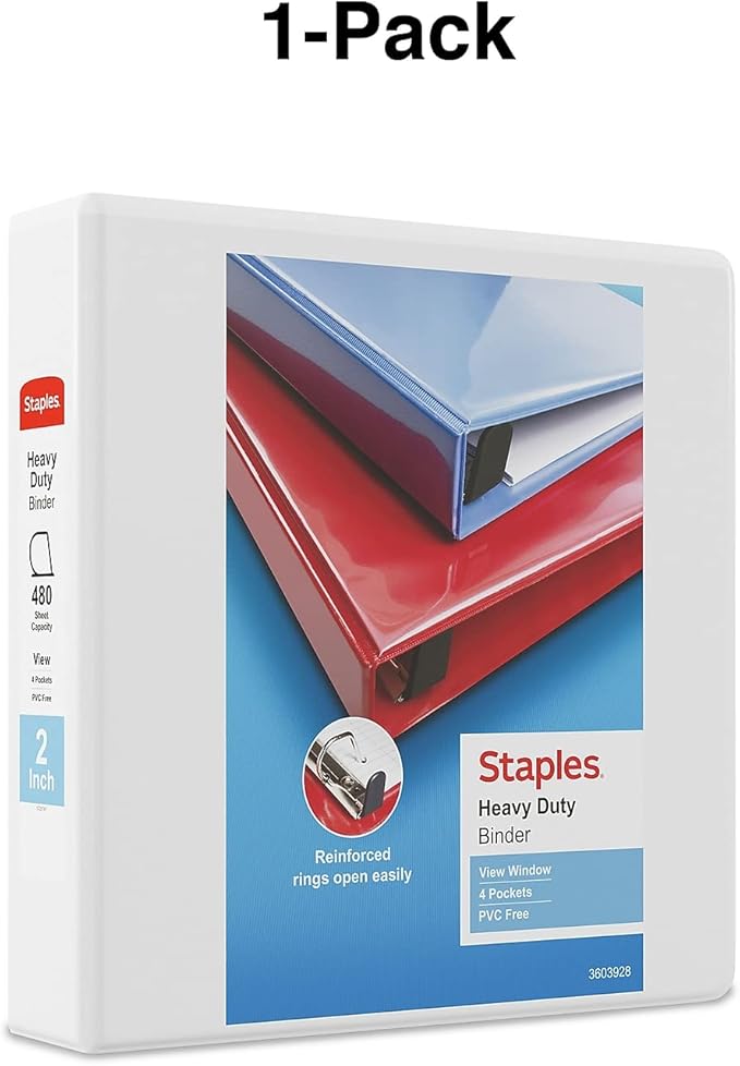 Staples Heavy-Duty 2-Inch D-Ring View Binder, White – Large Capacity 3-Ring Binder for School & Office Storage