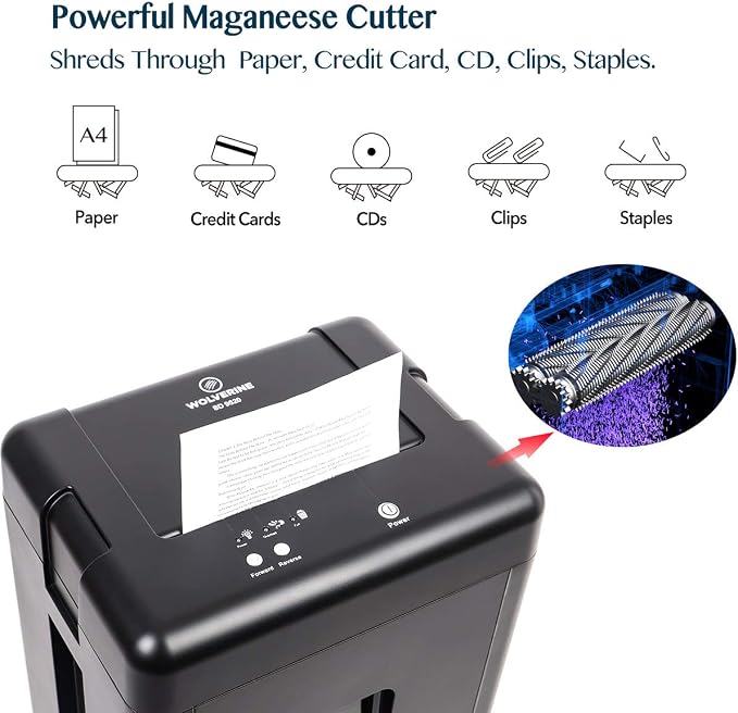 WOLVERINE SD9520 P5 Super Micro Cut Shredder, 15-Sheet, 2x10mm, 8Gal, Black | P-5 Super Micro Cut | 2×10mm | 15-Sheet | 12.5ft/min | 56dB | 8Gal | CDs | Induction Motor | ETL Listed