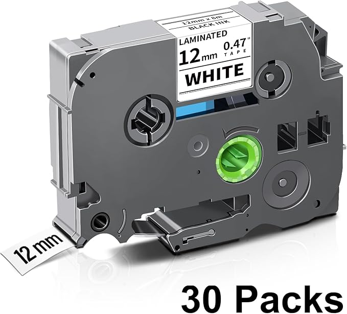 Unismar Tze 12mm 0.47 Laminated White Tape Compatible for Brother Label Maker Tape Work for Ptouch PT-D220 PTD210 PTH110 PTH100 PTD600 PTD200, Black on White 1/2'' x 26.2', 30 Pack