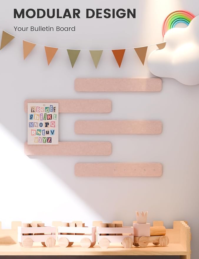 Fluxynara 13" x 2" Felt Wall Panels, Pink | 5-Pack Includes 35 Push Pins and Adhesive Tabs for Photos, Notes and Decor in Bedroom Doors, Home Office or Studios