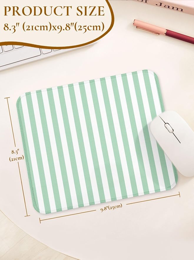 Square Cute Striped Mouse Pad with Stitched Edge, Premium Waterproof Cloth Aesthetic Small Stripe Mouse Mat, Non-Slip Rubber Base Funny Mousepad Desk Accessories,Striped Green White