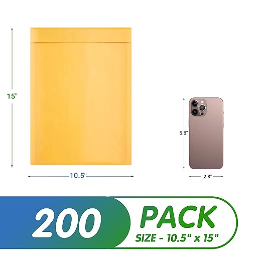 Kraft Bubble Mailers 10.5 x 15 Inch Yellow, Padded Envelopes Self Seal, Pack of 200, Bubble Lined Kraft Paper Mailing Envelopes for Shipping