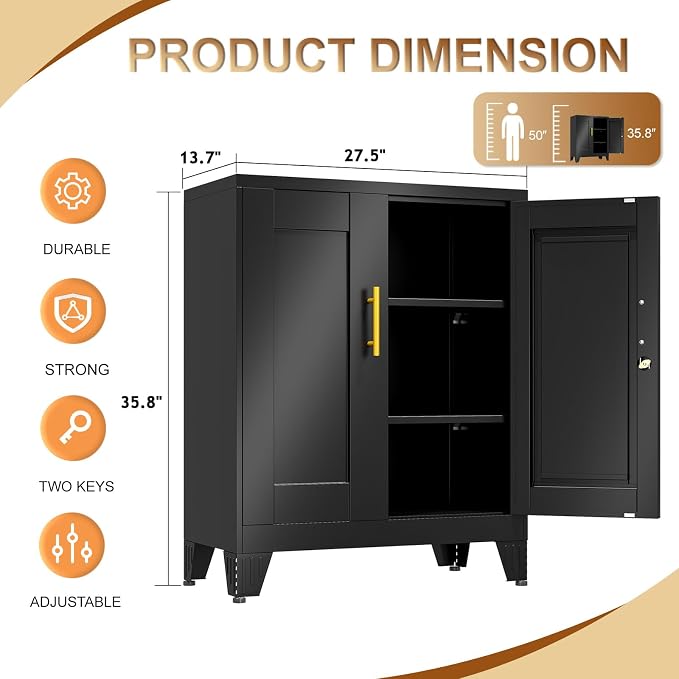 36" Metal File Storage Cabinet with Lock,Steel Locker Organizer, Office File Cabinet with 2 Doors and 2 Adjustable Shelves,Outdoor Tool Garage Cabinets for Home Office,Gym,School,Warehouse(Black)