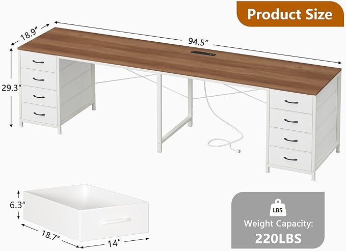 95" 2 Person Desk with 8 Fabric Drawers for Home Office, Living Room | Long Computer Desk Office Desks with Storage, Two Person Double Desks with Power Outlets, Brown and White