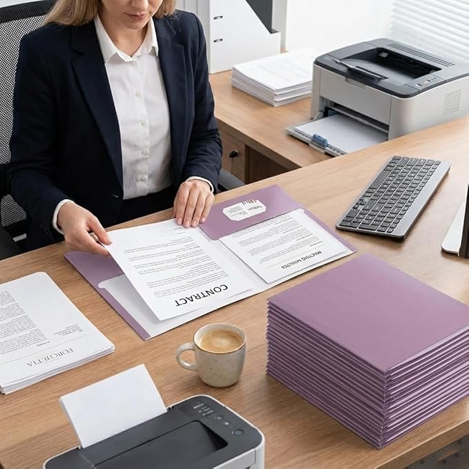 Zzrywuty Purple File Folders with Pockets Letter Size,50-Pack Paper Folders with Card Slot,Two Pocket Folders for School Students,Businessmen,Home and Office Workers