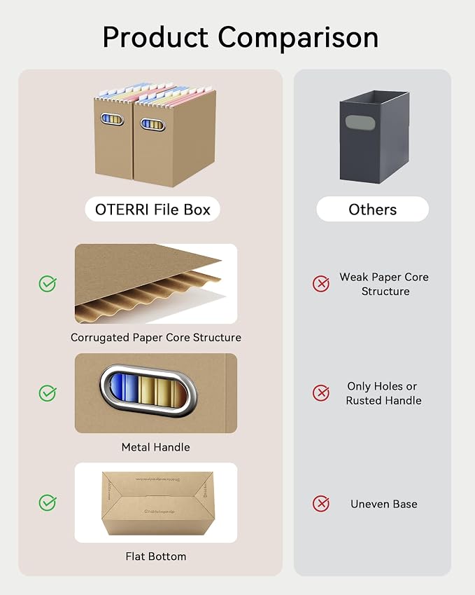 Portable Collapsible Cardboard File Box with Handle for Letter-Size | 6-Pack. Stainless Steel Handle. Label Stickers Included. Fits Letter Folders (Not Included). Home, Office, School, Dorm, Tax.