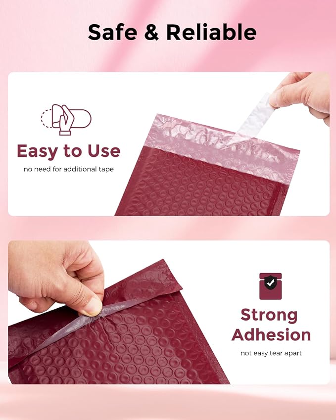 Metronic Bubble Mailers 6x10 Inch 100 Pack Burgundy Padded Envelopes | Usable Size 6x9" Waterproof Bubble Envelopes Bulk for Small Business Self-Seal Padded Mailers for Mailing Jewelry #0