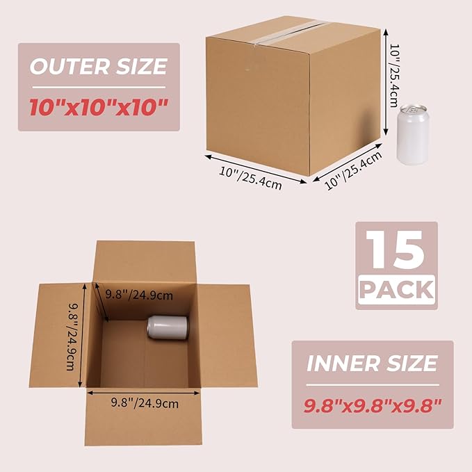 ZBEIVAN Shipping Boxes Mailers 10x10x10 inches Corrugated Cardboard Small Packing Kraft Moving Mailing Box, Pack of 15