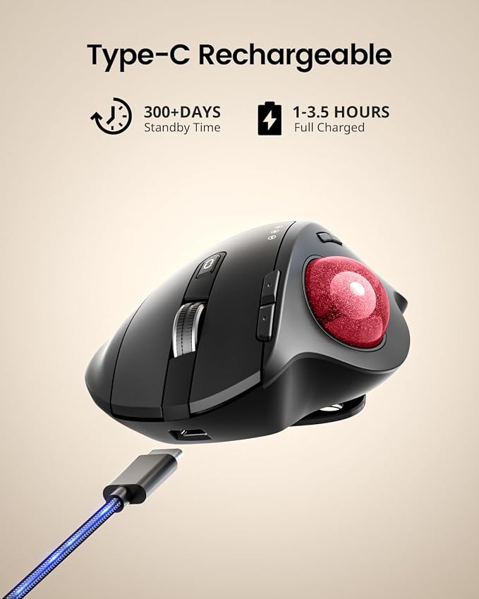 ProtoArc EM01 NL Wireless Trackball Mouse, Rechargeable Thumb Control, Red | 0/20° Adjustable Angle to Reduce Fatigue, Triple-Device Bluetooth & 2.4G USB-A for Office Use, Silent Click, Easy to Clean