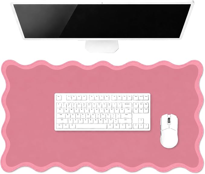 Hahafelt Scalloped Desk Mat Waterproof,Dark Pink,31.5 X 15.8 Inches | Coquette Preppy Style for School Office Makeup Vanity, Nonslip Gaming Desktop Protector with Scalloped Stitched Edge Mat