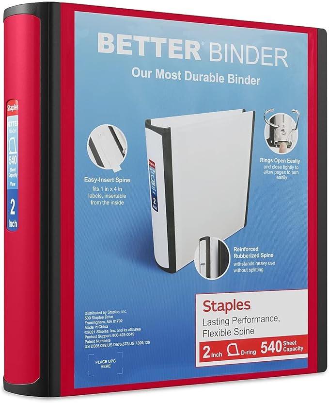Staples Heavy-Duty 2-Inch D-Ring Binder, Red – 3-Ring Binder with Pockets, Holds Up to 540 Sheets for School & Office