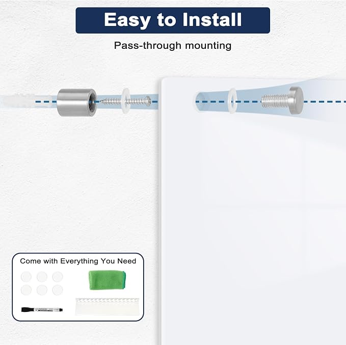 Magnetic Glass Whiteboard, 4' x 3', Frameless Wall Mount, Ultra White | 48" x 36", Large Glass Dry Erase Board for Wall, Includes 1 Marker Tray, 6 Magnets, White Board for Office, Home, Classroom