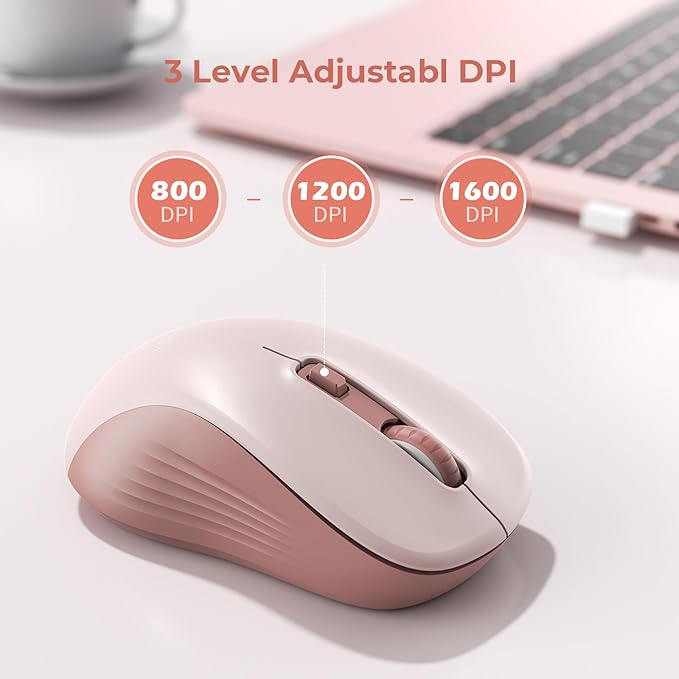 seenda Bluetooth Wireless Mouse, Bluetooth & 2.4G USB Dual Mode, Quiet Clicks, Smooth Tracking, 3-Level Adjustable 1600 DPI,Compact and Portable Mouse for Laptops, Tablets and More-Pink