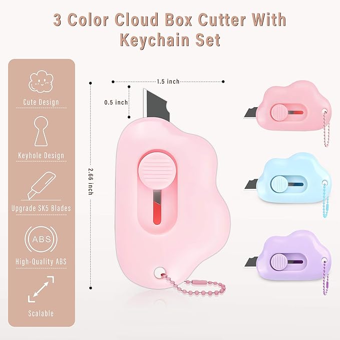 Cloud Shaped Retractable Box Cutter Set - 3 Pack with Key Rings,Stainless Steel Blade,Safe & Portable Letter Opener for Envelopes,Package,Mail,DIY,Paper Cutter for Home,Office,Outdoor (3 Color)