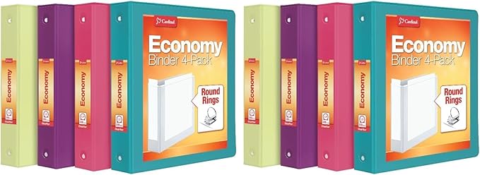 Oxford Cardinal 3 Ring Binders, Binders for School and Office, Durable 1.5 Inch, Round Rings, Holds 350 Sheets, ClearVue Presentation View, Non-Stick, Assorted Bright Colors, 8 Pack (79553)