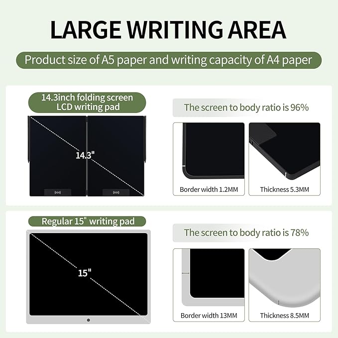 LCD Writing Tablet for Adults: 14.3 Inch Fold Full Screen Drawing Tablet Reusable Erasable Digital Notepad for Gift Birthday