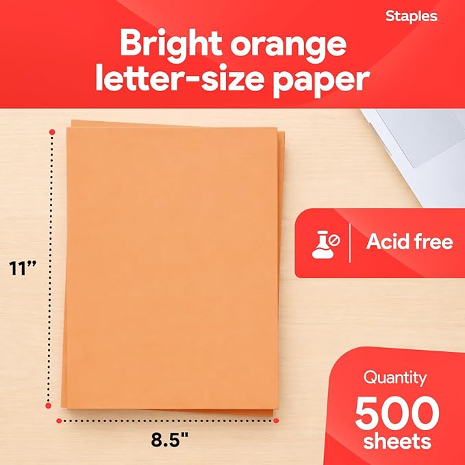 Staples Brights Colored Paper 8 1/2-Inch x 11-Inch Orange 500/Ream, For Office, School & Home