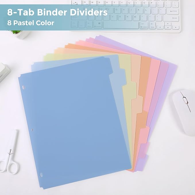 SKYDUE 8-Tab Write&Erase Plastic Dividers for 3 Ring Binder, 2sets | Binder Dividers for Letter Size,with Sticker Labels,Divider Organizers for Student, Teacher, Pastels School Supplies
