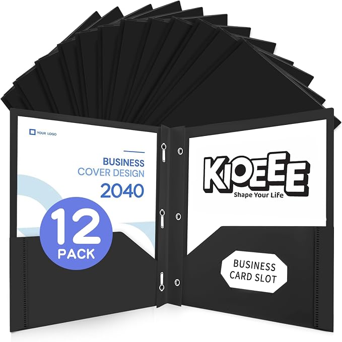 Plastic Folders with Pockets and Prongs (Black,12 Pack),Fit Letter Size Paper,Business Card Slot,2-Pocket Folder for School Office or Home,Durable Acid-Free Poly,Back to School Supplies Bulk