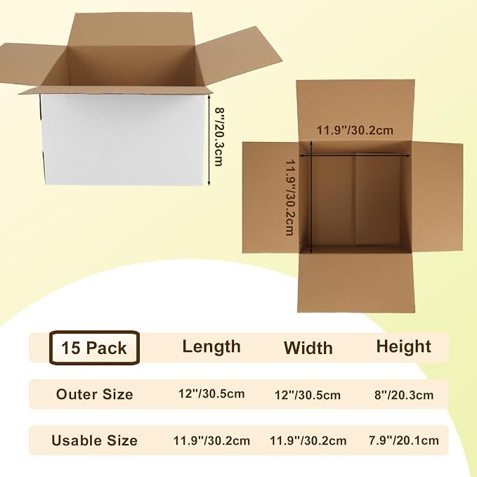 WIFTREY 12x12x8 inches White Shipping Boxes Pack of 15, Corrugated Cardboard Boxes 12 x 12 x 8 for Packaging Small Business, Moving, Mailing