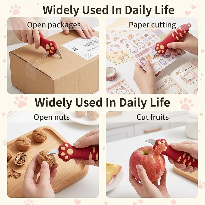 Cat Paw Box Cutter, Retractable Mini Utility Knife with Safety Lock Red | Mini Utility Knife with Ergonomic Paw Handle, Stainless Steel Blade for Opening Packages, Cardboard, Cartons & Tape