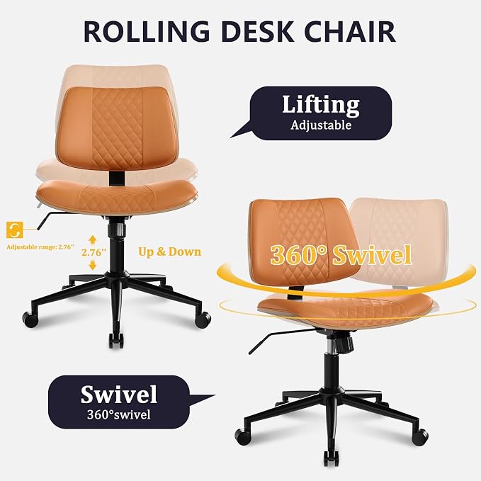 Modern Armless Office Chair with Wheels, Wide Seat Walnut, Brown | Adjustable Swivel Desk Chair with Mid Back & Tilt Function, Faux PU Leather Mid Century Modern Task Office Chair, 300LBS Cap