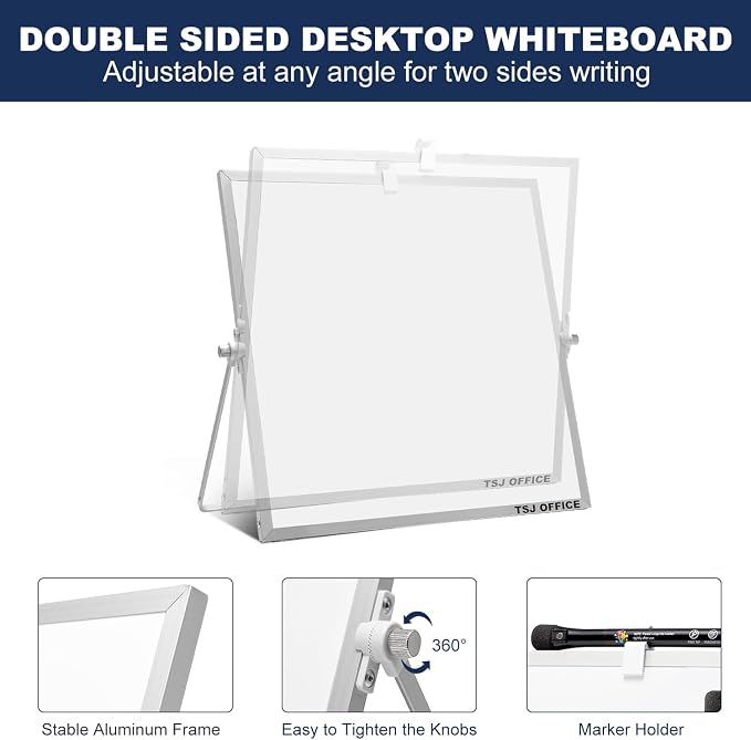 Small White Board - 10 X 10 Inches Silver Framed Dry Erase Board | Magnetic Desktop Whiteboard Stand 360 Degrees Revolving Double Sided for Office, Home, School, with Hooks for Wall