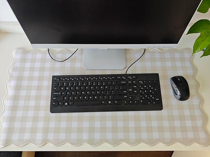 Scalloped‌ Beige Checkered Gingham Desk Mat Cute Pastel Large Mouse Pad Kawaii Cottagecore ‌Vintage‌ Rustic Keyboard Pad Computer Mat for Desktop Aesthetic Cozy Office Desk Decor