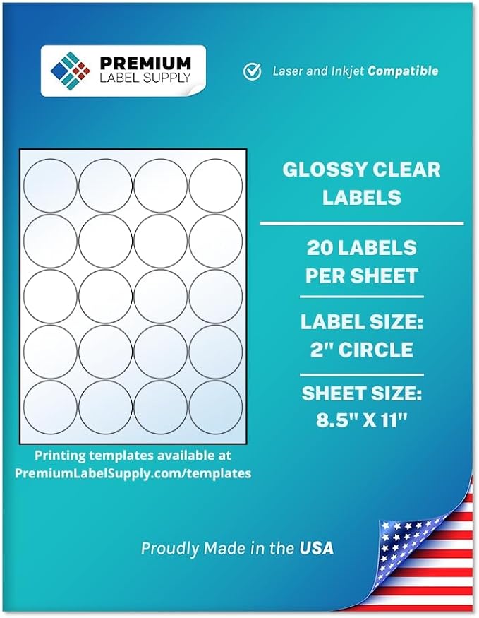 Premium Label Supply Glossy Clear Sticker Round Labels – 2" Circle – Laser/Inkjet Compatible – (20 per Sheet), 10 Sheets – 200 Total Adhesive Labels