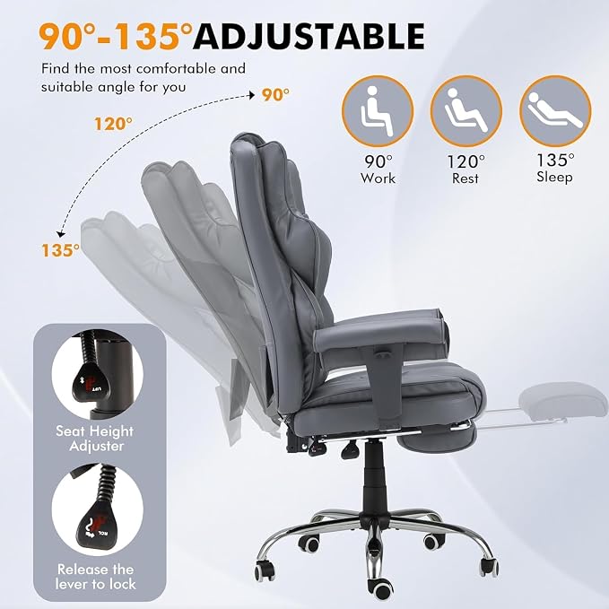 6-Point Massage Executive Chair,Heat Office Chair,Ergonomic Home Office Desk Chairs with Retractable Footrest and Reclining Function,Leather Computer Chair with Adjustable Armrest(‌Grey)