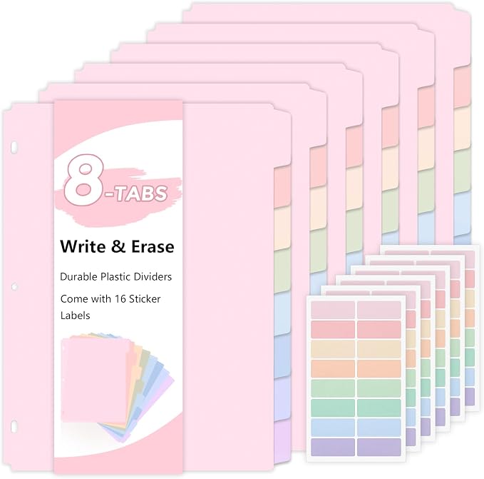 SKYDUE Durable Plastic 8-Tab Dividers,6sets,Big Tab Dividers for 3 Ring Binder, Write&Erase 3 Ring Binder Dividers with Tabs,with Sticker Labels，Pink