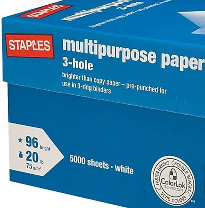 Staples 8.5" x 11" 3-Hole Punch Multipurpose Paper, 20 lbs., 96 Brightness, 500/Ream, 10 Reams/Carton
