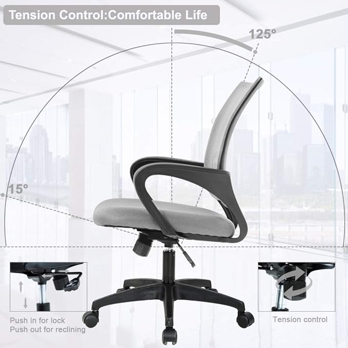 BestOffice | Ergonomic Office Chair | Mid-Back Swivel Desk Chair | Breathable Backrest & Lumbar Support | Adjustable Height | Sponge Seat | Rolling Wheels | Grey | for Adults & Women