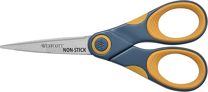 Westcott 5-Inch Non-Stick Titanium Scissors For Office and Home - Glide Adjust Technology - Grey/Yellow Craft, Fabric Scissors - 1 Pack