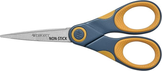 Westcott 5-Inch Non-Stick Titanium Scissors For Office and Home - Glide Adjust Technology - Grey/Yellow Craft, Fabric Scissors - 1 Pack