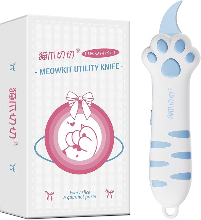 Cat Paw Box Cutter Retractable with Cat Paw Handle, Multifunctional Knife Set (Blue)