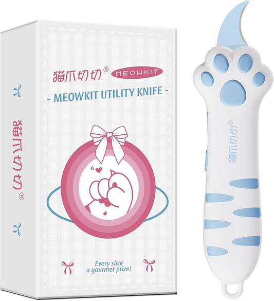 Cat Paw Box Cutter Retractable with Cat Paw Handle, Multifunctional Knife Set (Blue)