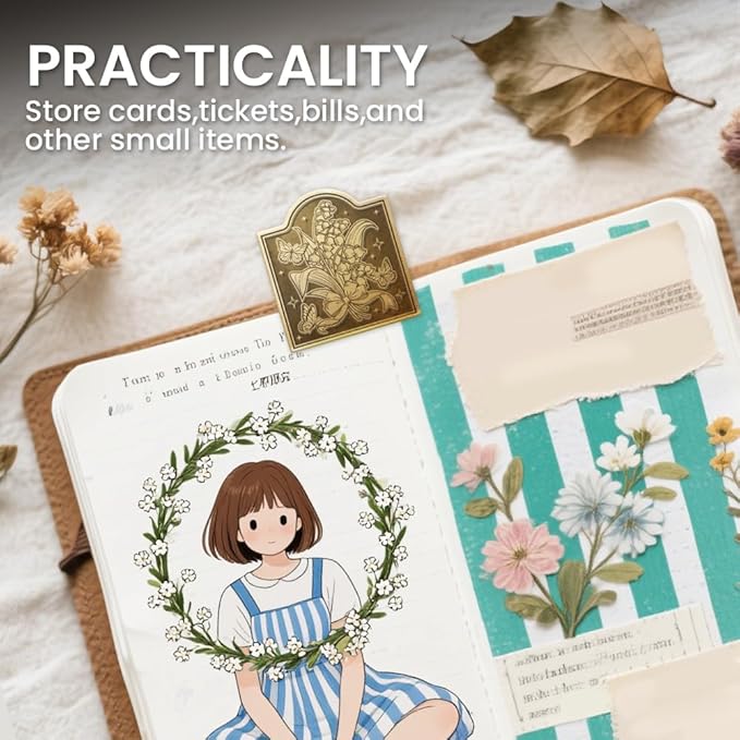 ANATTASOUL Travel Journal Clip Vintage Lily of The Valley Metal Book Clips, Decorative Heavy Duty Journal Clips to Hold Journal Open for Notebook, Photo, Bookmark, Office Kitchen Home DIY Use